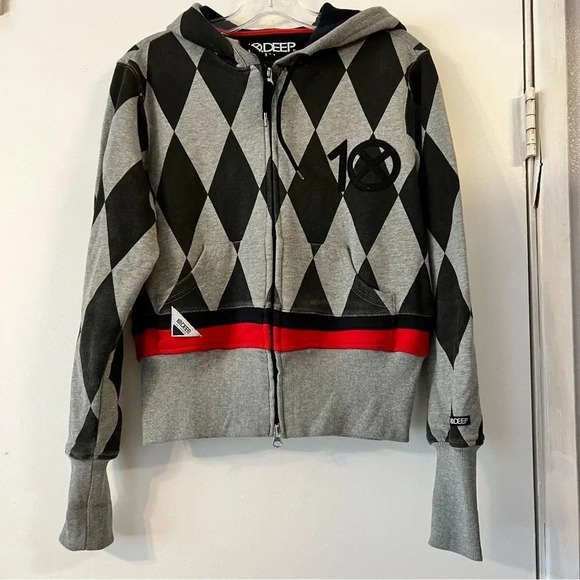 10.Deep Pattern Diamond Zip Up Sweater Hoodie Black Gray Streetwear Small - Picture 1 of 11
